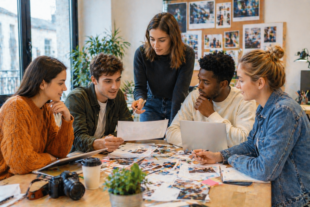 BTS Communication à Dijon avec étudiants en brainstorming créatif et travail d’équipe