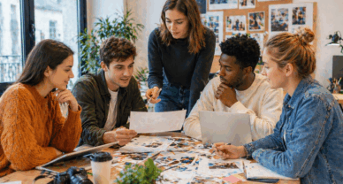BTS Communication à Dijon avec étudiants en brainstorming créatif et travail d’équipe
