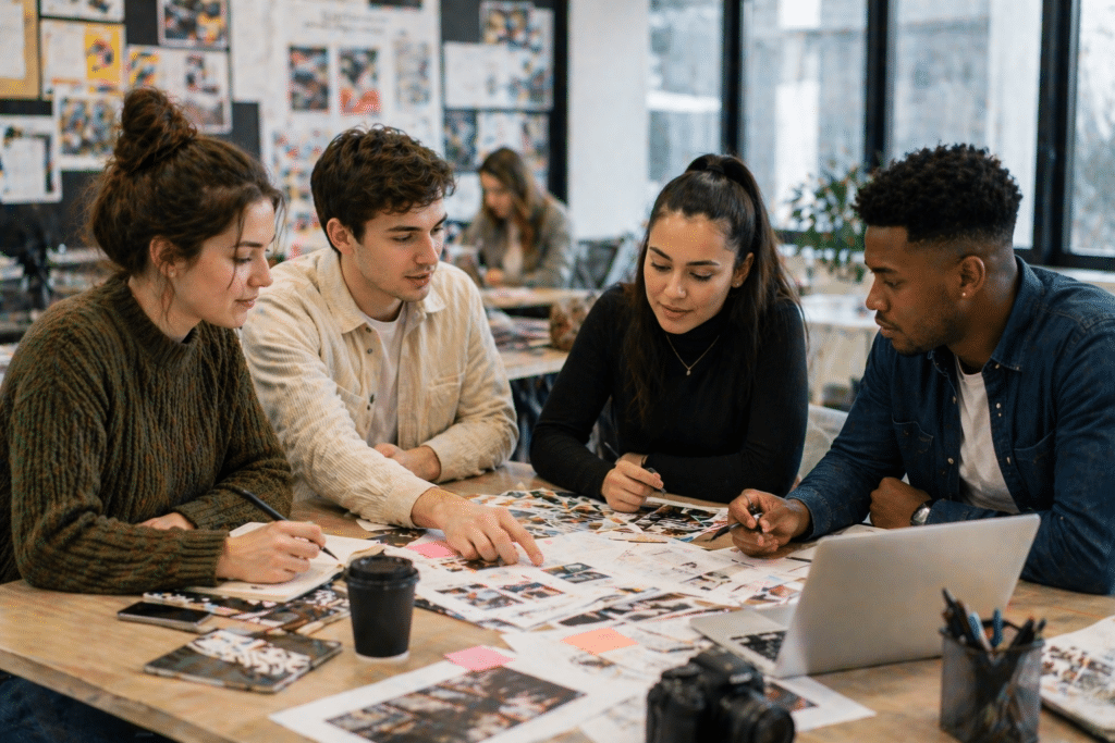 BTS Communication à Dijon avec étudiants en collaboration sur un projet créatif