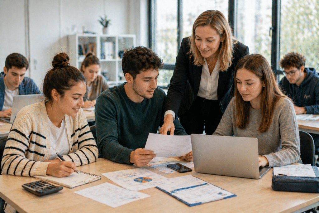 BTS GPME à Dijon avec étudiants en travail d’équipe accompagnés par une formatrice