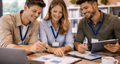 Étudiants en BTS GPME à Enghien-les-Bains travaillant sur des documents de gestion en équipe