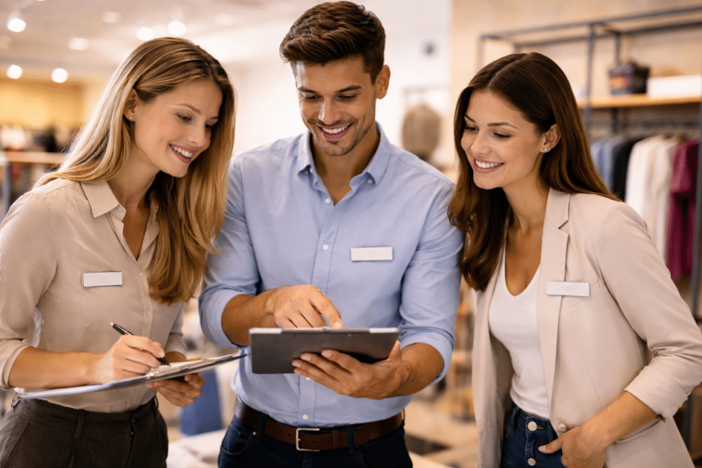 Étudiants en BTS MCO à Reims analysant les performances d’une unité commerciale