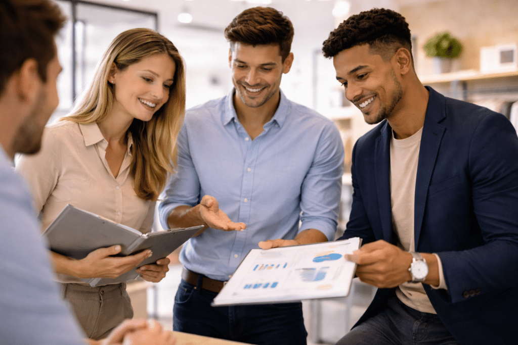 Étudiants en BTS NDRC à Reims en situation de négociation commerciale avec un client