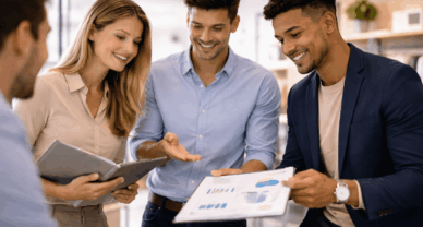 Étudiants en BTS NDRC à Reims en situation de négociation commerciale avec un client