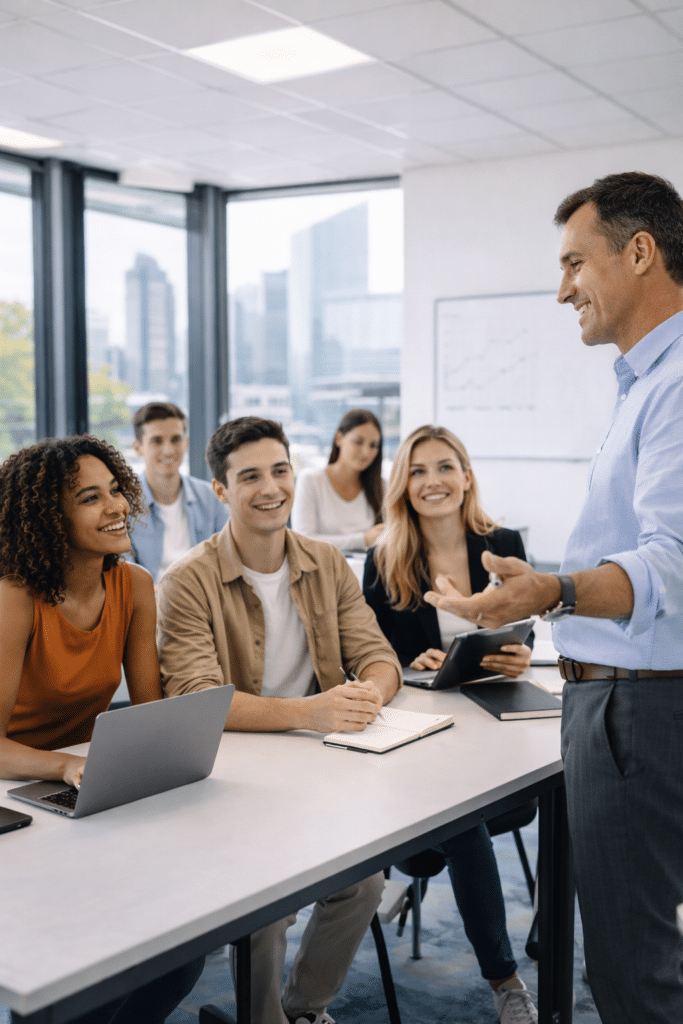 Professeur et étudiants en BTS NDRC à La Défense en salle de classe