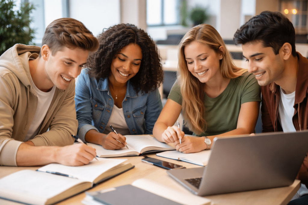 Étudiants en BTS MCO à La Défense en train de réviser ensemble dans une salle contemporaine