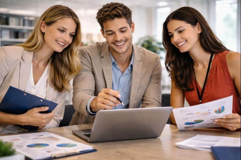 Étudiants en MBA Manager Commercial et Marketing à Mâcon analysant des données en équipe