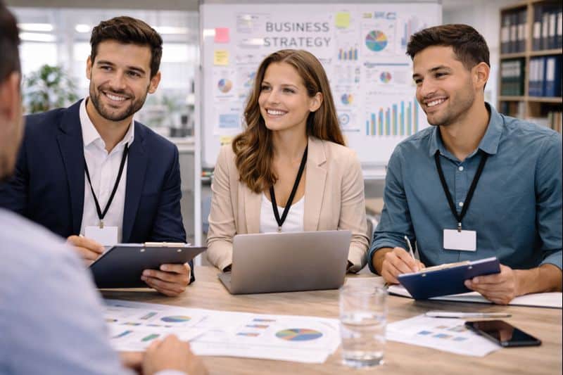 Étudiants en MBA MCM à Auxerre échangeant sur une stratégie commerciale