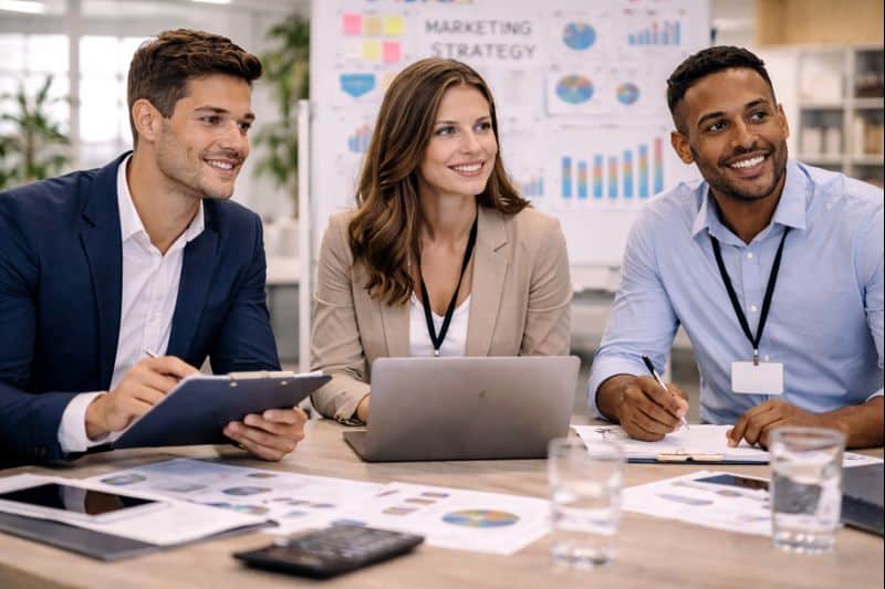 Étudiants du MBA MCM à Auxerre travaillant sur un plan marketing et commercial