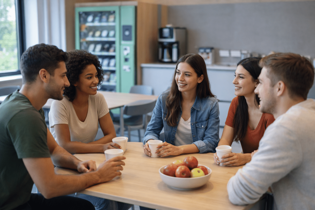 Étudiants discutant dans une salle de pause moderne à Cergy-Pontoise