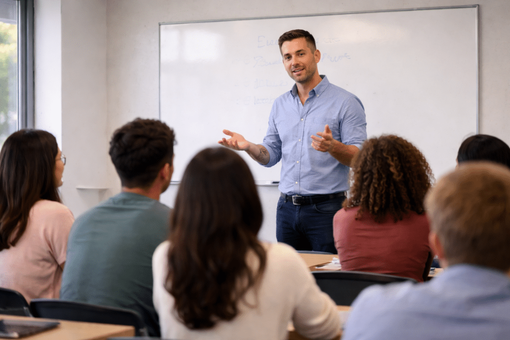 Professeur et sa classe — BTS GPME à Cergy-Pontoise, cours interactif.