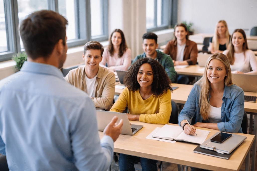 Professeur enseignant à une classe d’étudiants dans une salle moderne à La Défense