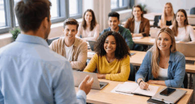 Professeur enseignant à une classe d’étudiants dans une salle moderne à La Défense
