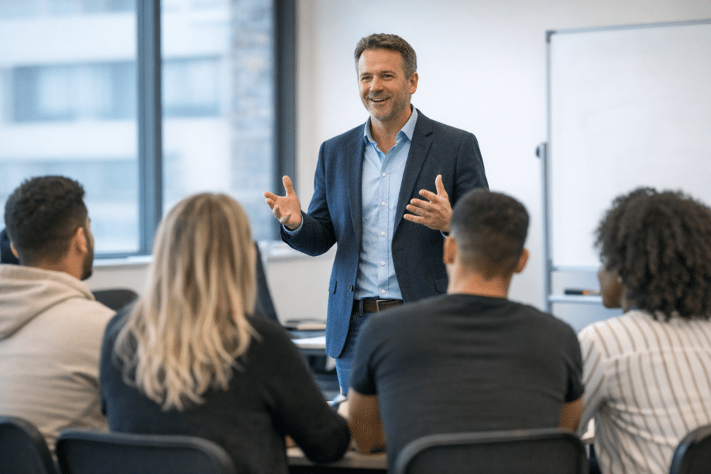 Professeur en salle de classe BTS MCO à Cergy-Pontoise face aux étudiants.