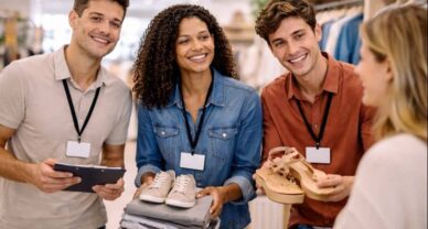 Étudiants en Titre Pro Conseiller de vente à Auxerre en interaction avec une cliente dans un magasin