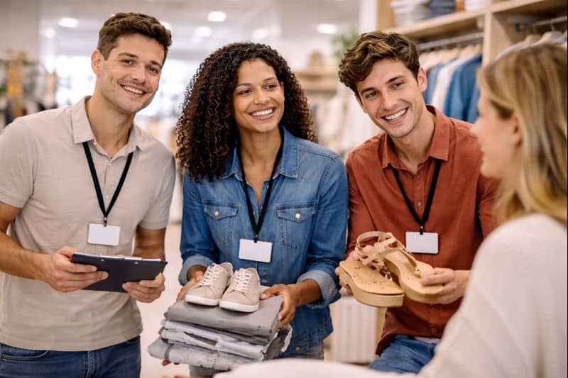 Étudiants en Titre Pro Conseiller de vente à Auxerre en interaction avec une cliente dans un magasin