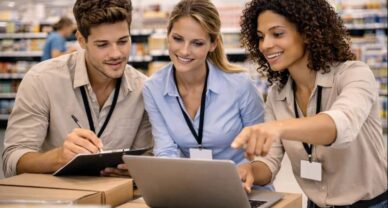 Étudiants en Titre Pro MUM à Mâcon analysant les résultats de vente dans un espace marchand