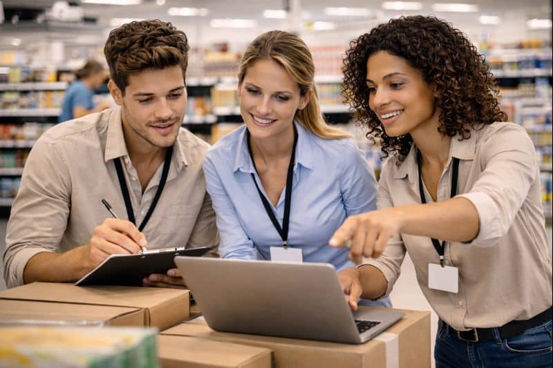 Étudiants en Titre Pro MUM à Mâcon analysant les résultats de vente dans un espace marchand