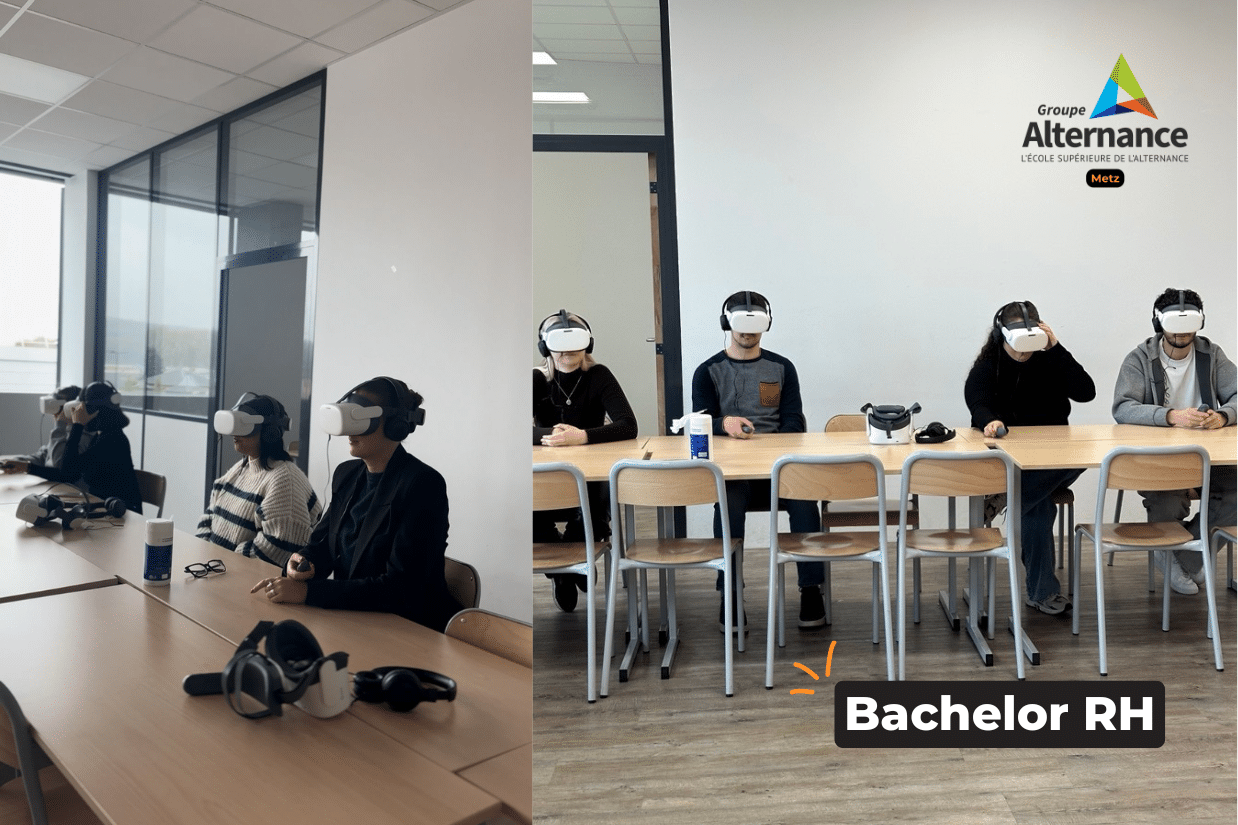 Etudiant en bachelor RH avec des casques de réalité virtuelle sur la tête.