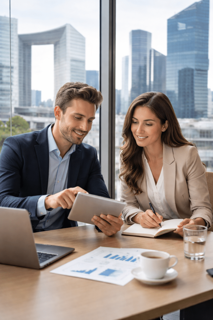 MBA Manager en stratégie d'entreprise à La Défense : réunion stratégique entre deux professionnels en entreprise