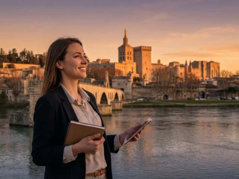 Une étudiante d'Avignon, devant le pont d'Avignon et le palais des papes.