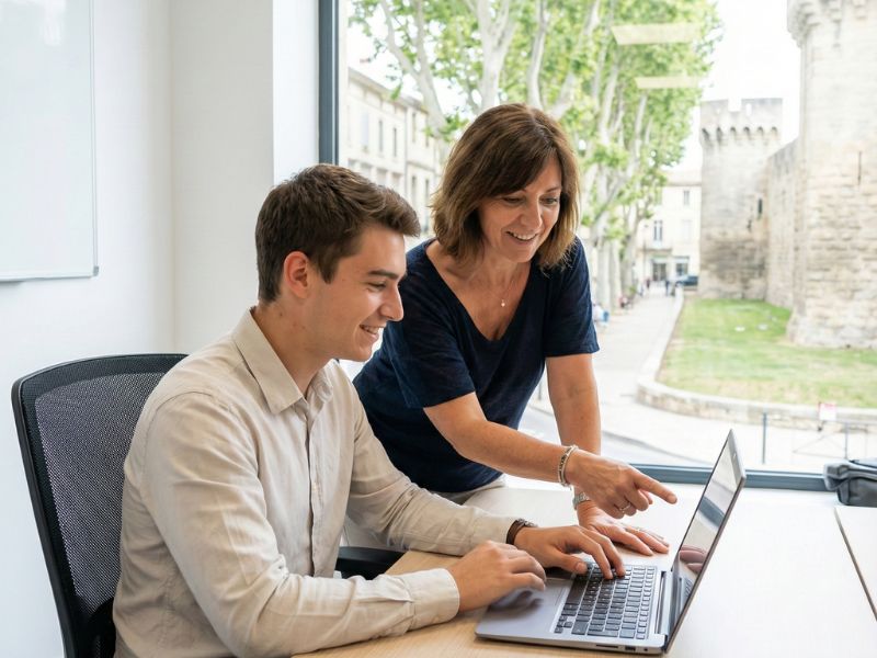 La responsable pédagogique avec un formateur, discutant du planning devant les remparts d'Avignon.