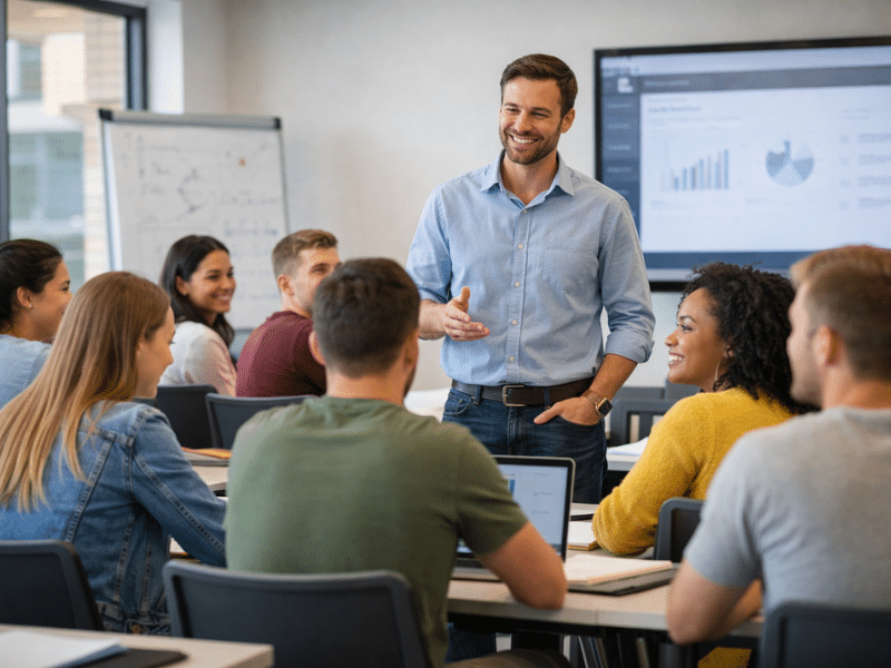 Étudiants en cours avec leur professeur dans une salle de classe moderne pour une formation en alternance à Salon-de-Provence