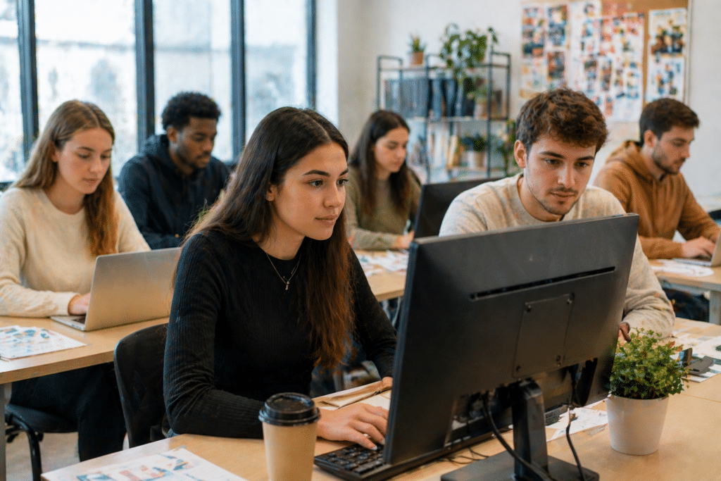 Bachelor marketing digital à Dijon avec étudiants travaillant sur des outils numériques