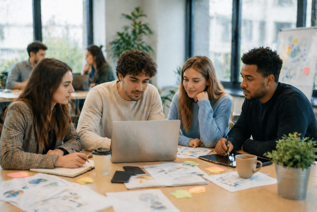 Bachelor marketing digital à Dijon avec étudiants en travail d’équipe sur projet digital