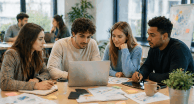 Bachelor marketing digital à Dijon avec étudiants en travail d’équipe sur projet digital