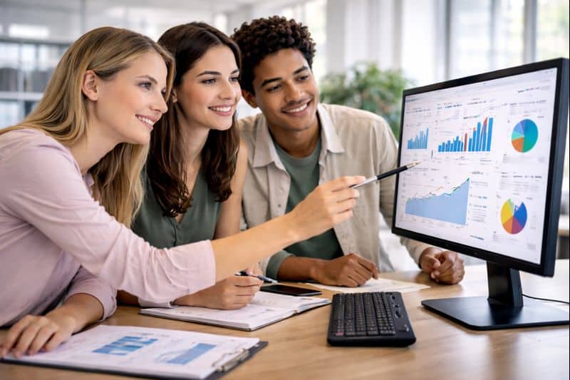 Étudiants en Bachelor Responsable marketing digital à Mâcon analysant des graphiques marketing