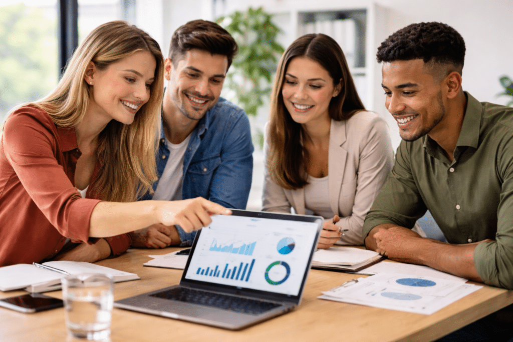 Étudiants en Bachelor marketing digital à Reims analysant des données numériques