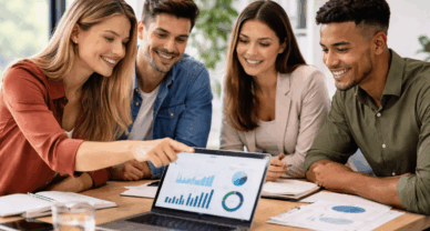 Étudiants en Bachelor marketing digital à Reims analysant des données numériques