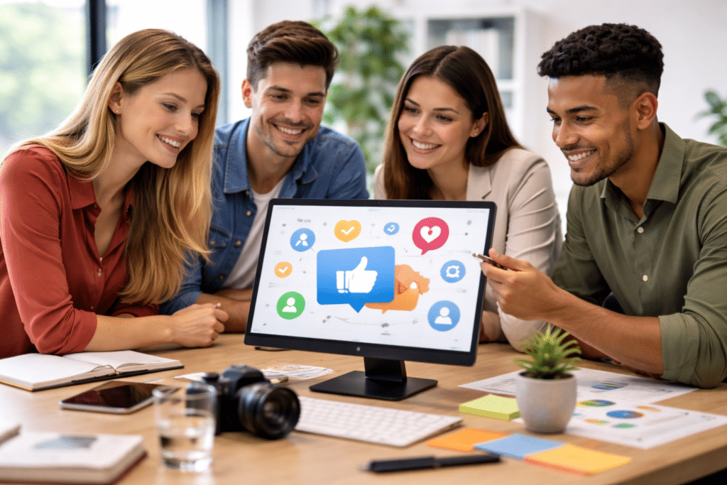 Étudiants en Bachelor marketing digital à Reims travaillant sur une stratégie social media