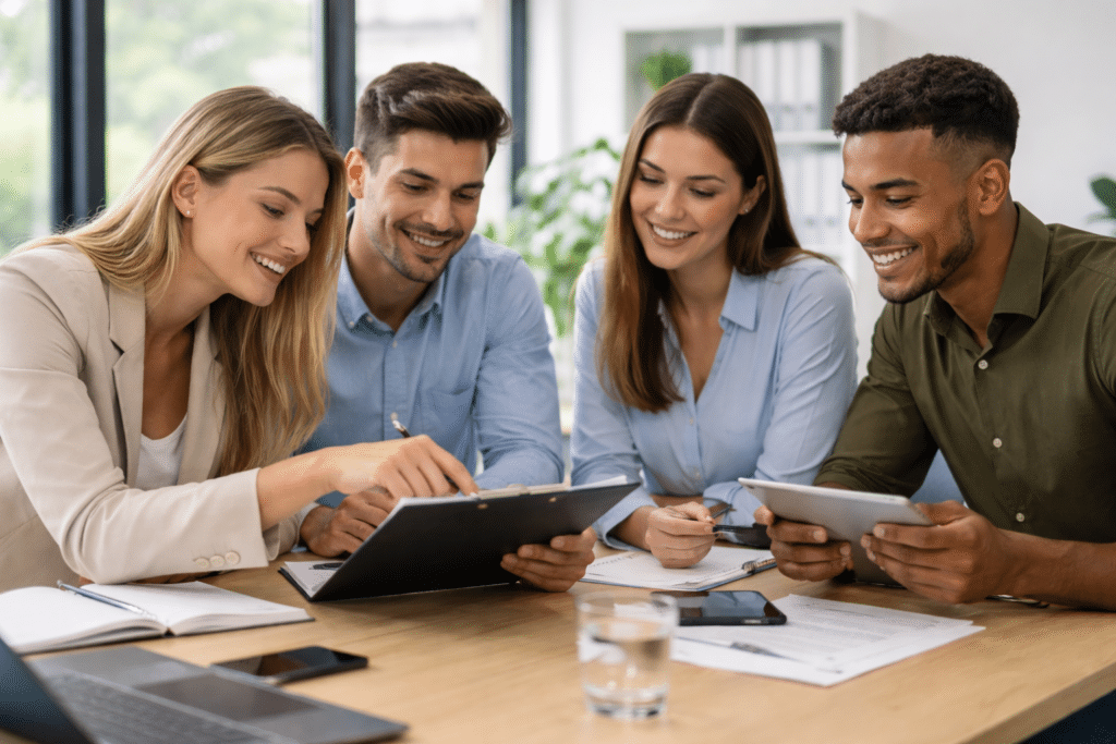 Étudiants en BACHELOR RH à Reims travaillant en équipe en salle moderne