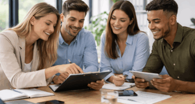 Étudiants en BACHELOR RH à Reims travaillant en équipe en salle moderne