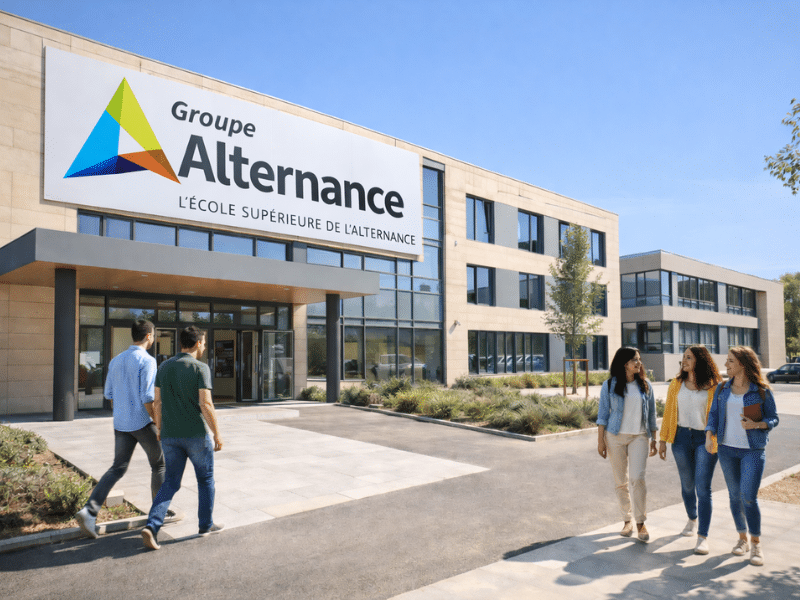 Entrée du campus Groupe Alternance Salon-de-Provence avec bâtiment moderne et étudiants devant l’école