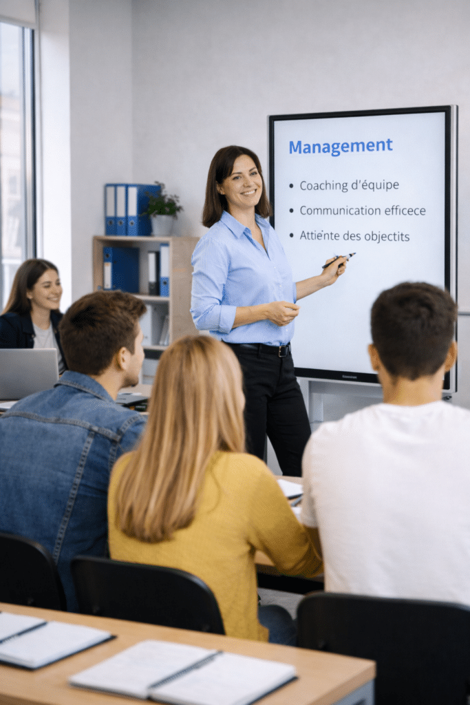 BTS MCO en alternance à Salon : cours de management dans une salle de classe moderne avec formateur et étudiants.
