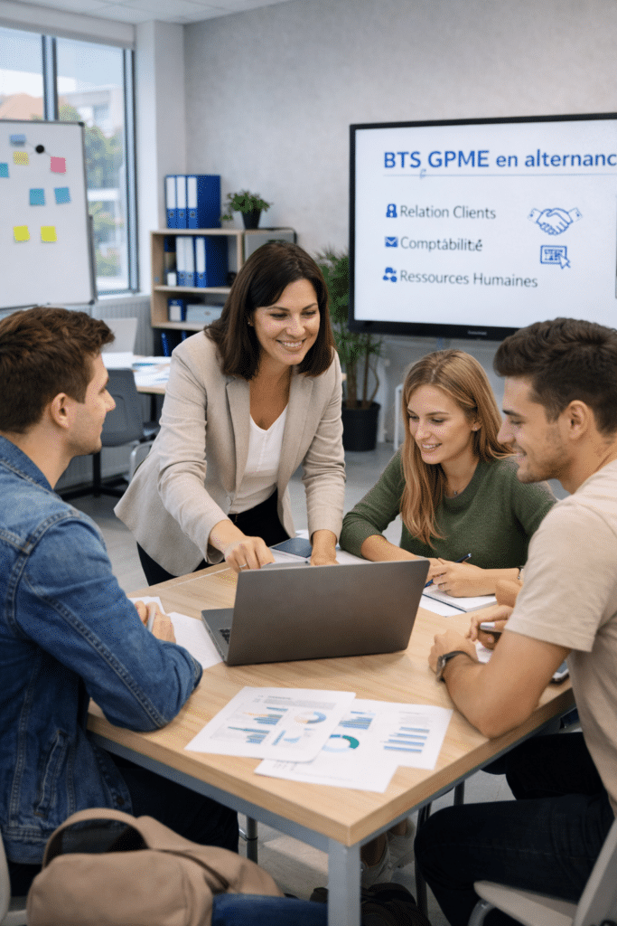 BTS GPME en alternance à Salon : séance de travail collaboratif avec des étudiants et une formatrice dans une salle moderne.