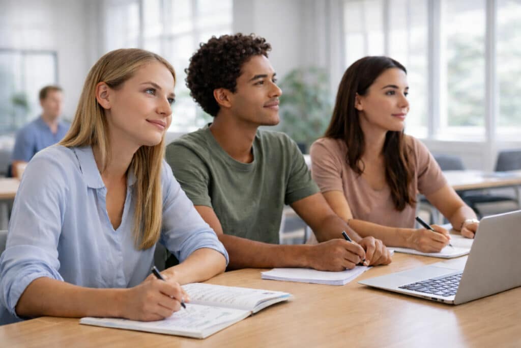 Étudiants en Bachelor RH à Mâcon concentrés en salle de cours moderne
