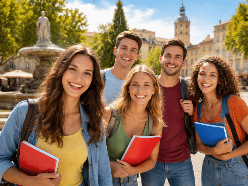 Étudiants souriants à Salon-de-Provence dans un cadre ensoleillé et convivial