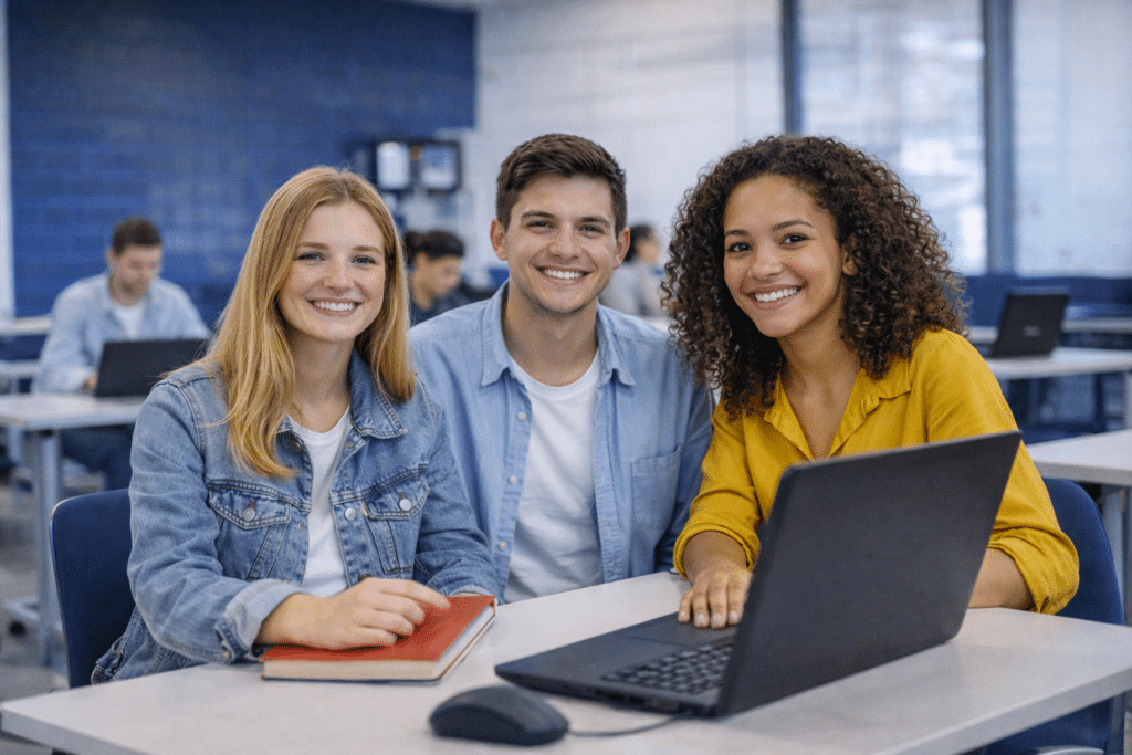 Trois étudiants du Bachelor RDC à Cergy-Pontoise assis ensemble dans une salle de classe
