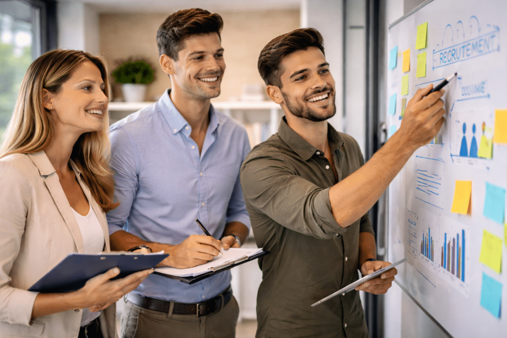 Étudiants en MBA RH à Reims élaborant une stratégie de gestion des talents