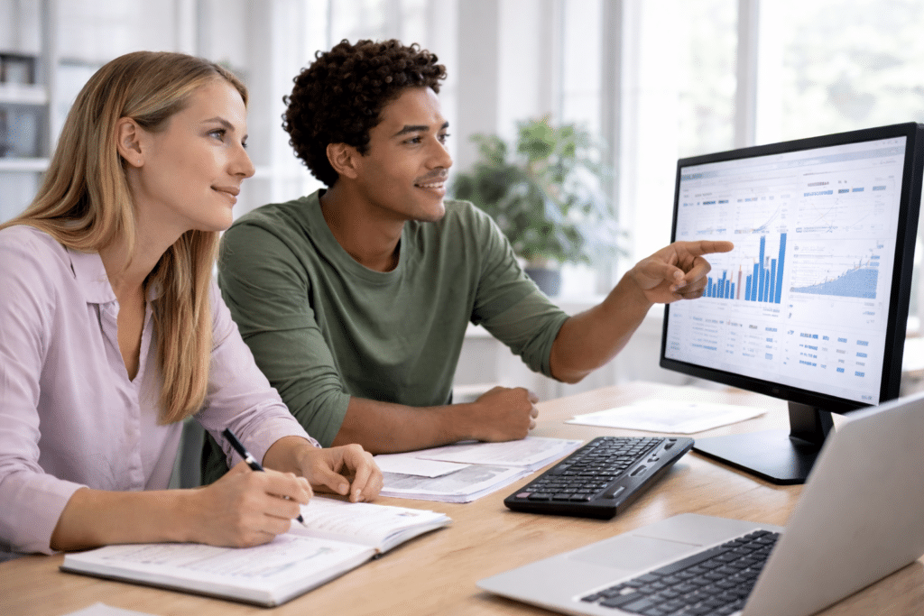Étudiants en Bachelor Conseiller financier à Mâcon analysant des données sur écran
