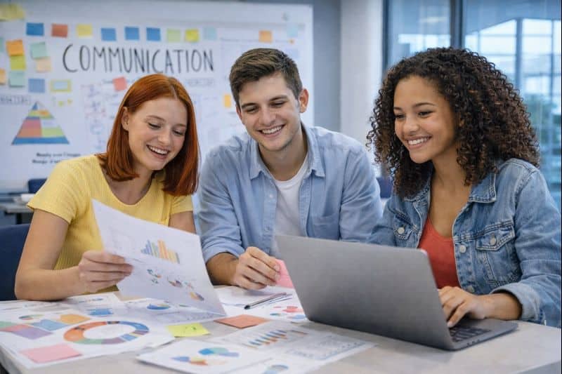 Trois étudiants travaillent en équipe sur un projet de communication avec laptop, graphiques et notes colorées.