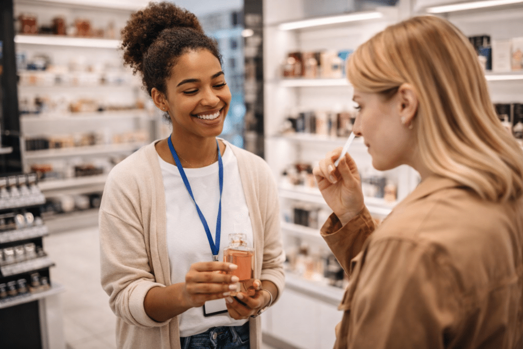 Conseiller de vente à Cergy-Pontoise en parfumerie avec une cliente