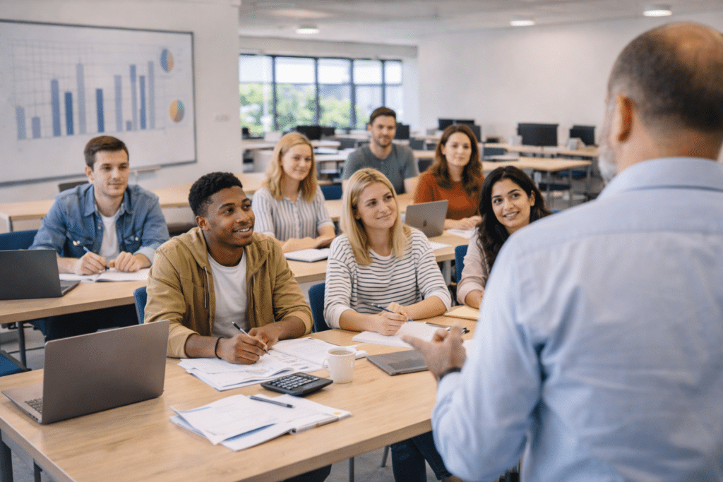 Professeur de dos enseignant des étudiants multiculturels en BTS Comptabilité et Gestion à Cergy-Pontoise