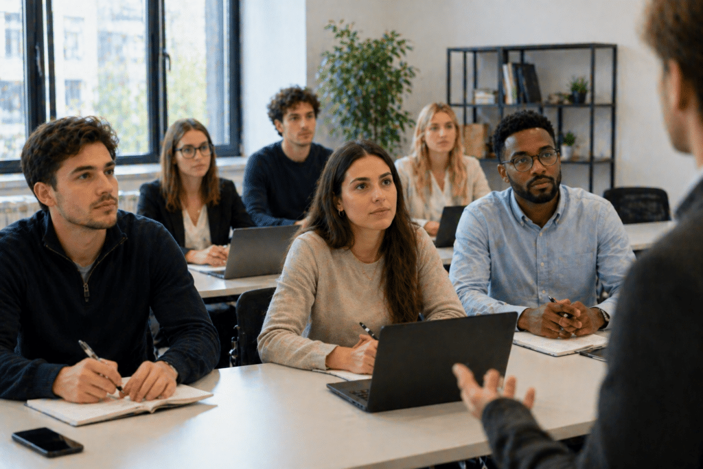 MBA Manager RH à Dijon étudiants en formation avec intervenant en salle moderne