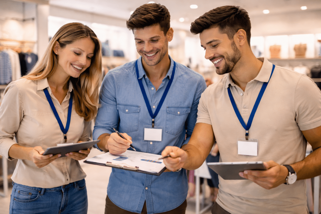 Étudiants en Titre Pro REM à Reims analysant la performance d’une unité commerciale