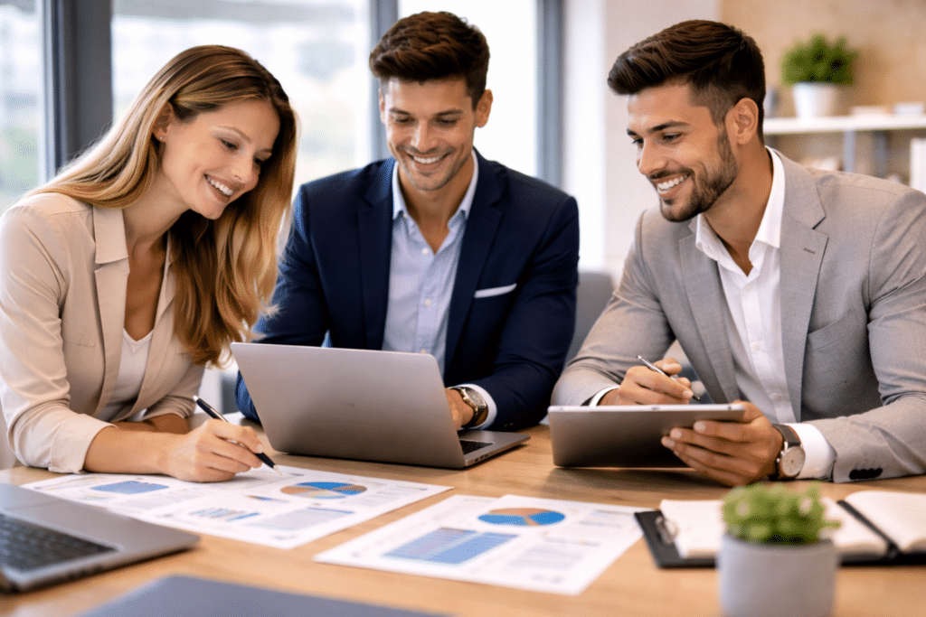 Étudiants en Mastère Manager d’Affaires à Reims travaillant sur une stratégie de développement